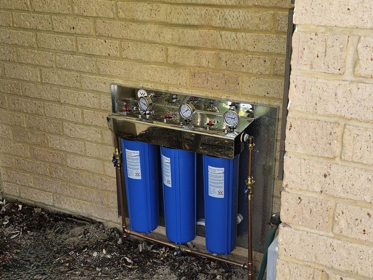 A three-stage whole-house filter with blue housings on a limestone-brick wall beside a frangipani